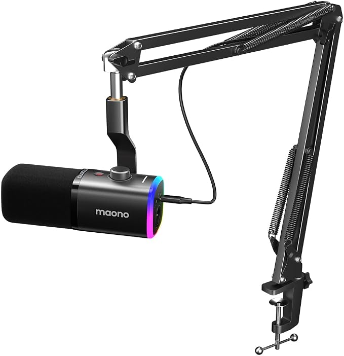 MAONO XLR/USB Gaming Microphone for PC, Dynamic Computer Mic for Streaming Podcasting, Noise Reduction, Mute, Volume Control, RGB Boom Mic for Vocal Recording,Voice-Over, PD100XS Black by MAONO