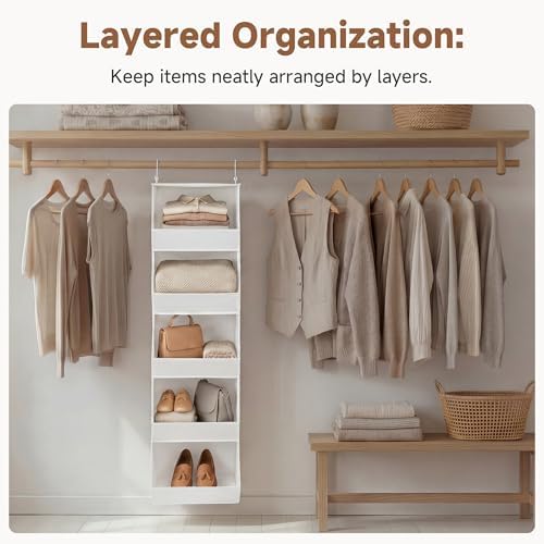 StorageWorks Basics Hanging Closet Organizer, Foldable Storage Organizer | 5-Shelf Wide Trapezoid Closet Shelves with Reinforced Anti-Sagging Support for Sweaters, Hoodies and Handbags, Beige - Image 7