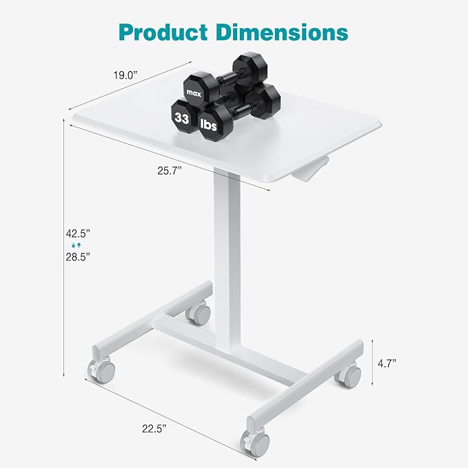 DUMOS Small Standing Desk with Wheels, Laptop Desk, 19 Inch | Portable Rolling Design, Adjustable Height Workstation, Home Office Mobile Station, White - Image 3