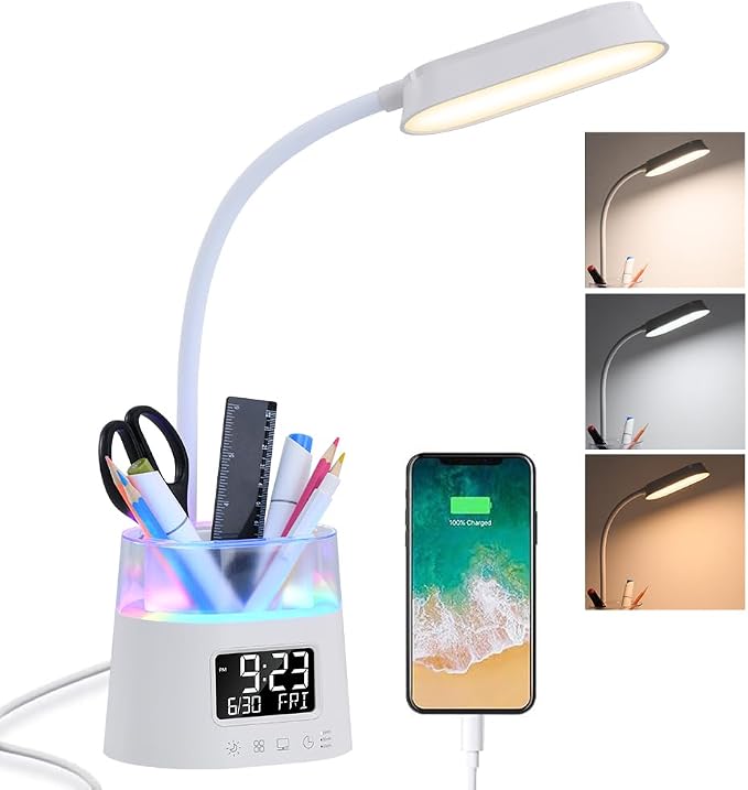 WILIT LED Desk Lamp for Home Office with Pen Holder, RGB Night Light, White | Table Lamp for Bedroom with USB Charging Port & Clock, Study Lamp for Kids Girls, Desk Light for College Dorm Room Essentials by WILIT