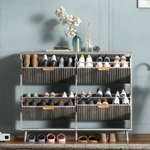 Shoe Cabinet Storage,Modern Freestanding Organizer with 4 Flip Drawers,Narrow Shoe Rack Cabinet for Entryway,Grey by QIVOMIX