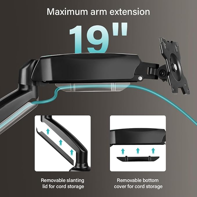 BFTOU Black Single Monitor Arm Adjustable Stand Monitor Mount up to 32 inches and 17.6 lbs, Computer Desk Mount with Clamp and Grommet Base - Image 4