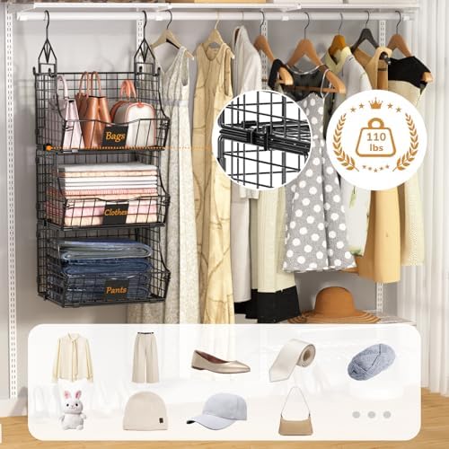 Hanging Closet Organizers and Storage, 5 Tier Closet Shelf Clothes Organizer with 2 S-Hooks, Multi-Functional Iron Wire Baskets, for Clothing, Sweaters, Handbags, Hat, Canned - Image 3