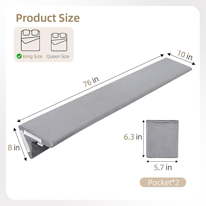 Vekkia Bed Wedge Pillow for Headboard Gap(Grey,King 76 in x 10 in x8 in) | Bed Wedge Gap filler,Pressure Lock Design Keeps in Place,High-Density Foam Fills Mattress Gaps (0-5.5"),Washable Cover - Image 2
