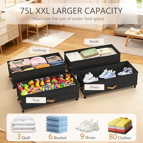 Under Bed Storage with Wheels 2-Pack, 75L XXL Under the Bed Storage Containers Large, 12" Tall Adjustable Storage for Underbed with Lids, Rolling for Clothes, Shoes, Blankets (Black) - Image 3