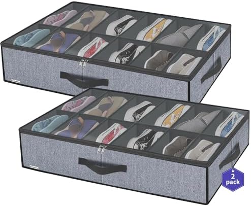Onlyeasy Large Under Bed Shoe Organizer (6 to 12 Pairs x 2) - Underbed Shoes Closet Storage Solution with Metal Zipper and 2 Handles, Breathable, 29.3"x23.6"x5.9", Linen-like Grey, MXDUBSB2P by Onlyeasy