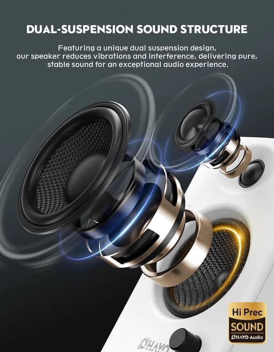 OHAYO 60W Computer Speakers for Gaming and Music, Active Bluetooth 5.3, Stereo 2.0 Speakers for Desktop PC Monitor or Laptop, Surround Sound Speaker, 3.5 mm Aux RCA Input, USB-Powered, 1 Pair, White - Image 3