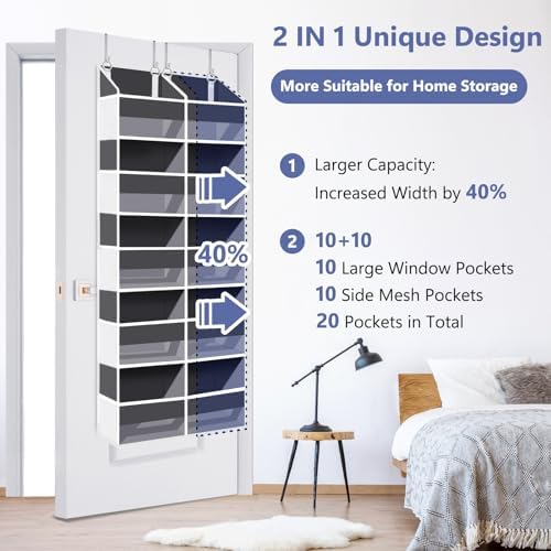 Heavy Duty Over The Door Organizer 5 Tiers, Extra Large Behind Door Storage of 10 Big Front & 10 Mesh Pockets, 80lb Weight Capacity, Hanging Doors Storage Organizer for Closet Bedroom Nursery, Grey - Image 3