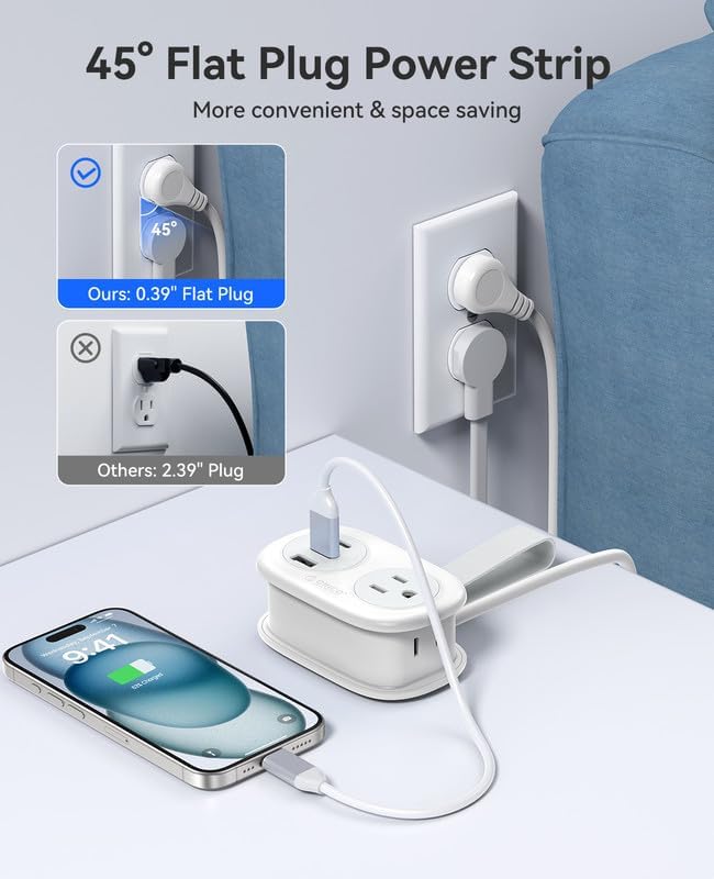 ORICO Travel Power Strip, 3.7FT Small Extension Cord, Portable Power Strip Flat Plug with 2 AC Outlets 3 USB Ports (1 USB C), Multi Plug Extension Cord for Travel, Cruise, Office, Hotels - Image 5