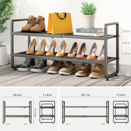 SNTD Expandable Metal Shoe Rack for Closet, Entryway & Garage, 2-Tier, Grey | Adjustable Height for Boots, Stackable Design, Dense Mesh Shelves for Heels, Fits Small Spaces, Apartments and Rentals - Image 3