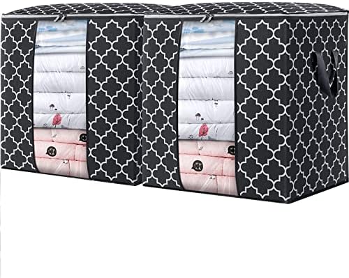 Storage Bags 2 Pack 100L Clothes Organization and Storage Containers | Large Blanket for Comforters,Bedding, Foldable Organizer with Reinforced Handle, Clear Window, Sturdy Zippers, Black by WiseLife