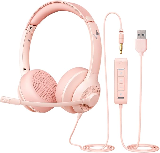 JIAMQISHI USB Headset with Microphone for PC, On-Ear Computer Laptop Headphones with Noise Cancelling Mic in-line Control for Home Office Online Class Zoom (USB+3.5mm, Pink) by JIAMQISHI