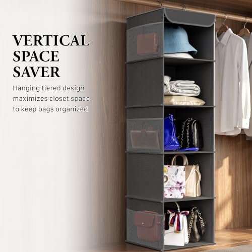 Simple Houseware 5 Shelf Hanging Closet Organizer, Dark Gray | 360° Rotating Dual Hooks, Top Support Metal Frame, 6 Side Mesh Pockets - Image 7