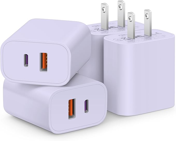 [4 Pack] USB C Charger Block Fast Charging Multiport Adpater [PD 20W USB-C & QC 3.0 USB-A Port] for iPhone 17/16/15/14/13/12/11/X/8, iPad, Galaxy, Google & More [Purple] by CXX