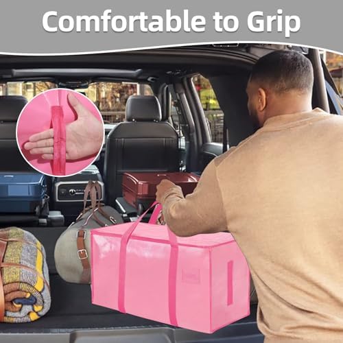 6 Pack-Extra Large Heavy Duty Moving Bags - Waterproof Storage Totes with Handles & Zippers, Foldable for College Dorm, Storage (Pink) - Image 6