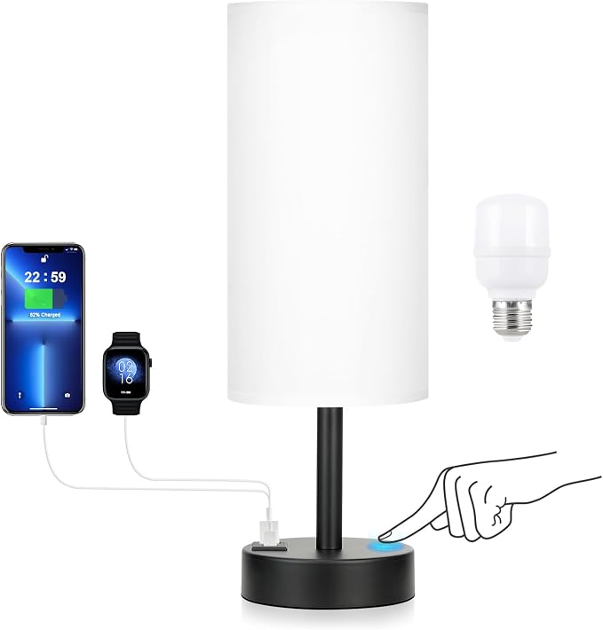 White Touch Table Lamp for Bedroom - Dimmable Bedside Desk Lamp for Kid | USB A+C Ports, 3-Way Dimmable, LED Bulb Included, White Fabric Lampshade, Matt Black Metal Base, Compact 14" Night Stand Lamp by DicooolDirect