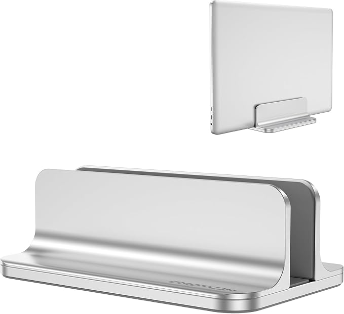 OMOTON Vertical Laptop Stand Holder, Adjustable Dock for MacBook, Silver | Aluminum Stand for MacBook Stand, Fits Chromebook & Gaming Laptops up to 17.3 in, Office Desk Organization, Space-Saving by OMOTON
