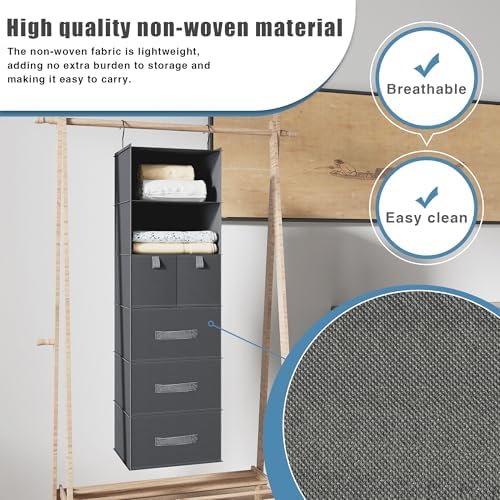 6-Shelf Hanging Closet Organizer with 5 Drawers, Non-Woven, Dark Gray | Spacious compartments sort clothes & undergarments; foldable drawers add hidden storage for closets, wardrobes or RVs. - Image 2