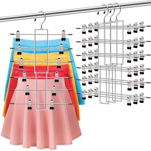 3 Pack Pants-Hangers-Space-Saving, 6 Tier-Closet-Organizers-and-Storage | Skirt Hangers with Clips, Closet-Organizer-Clothes-Organization Jeans Scarf Hangers,College-Dorm-Room-Essentials Decor by SHUKEEKA