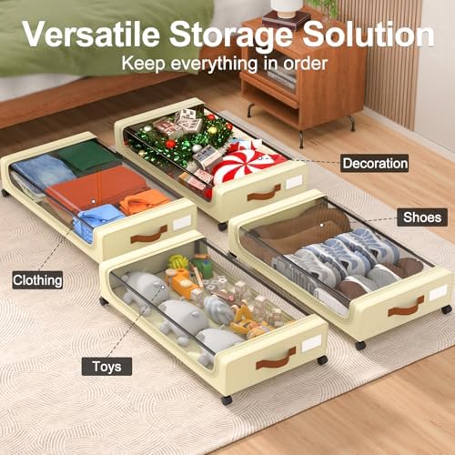 GoMaihe Under Bed Storage with Wheels 48L Beige 2-Pack | Underbed Storage Containers with Lids Rolling Bins for Shoes Clothes in Dorm Bedroom - Metal Drawers Easy Pull-out - Image 6