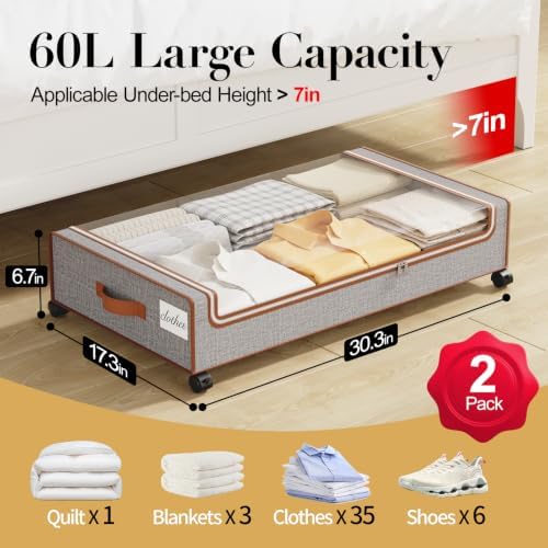 Yecaye 60L Under Bed Storage with Wheels, 2 Pack, Greige | 360° Rolling Wheels, Clear Lids & Label, Reinforced Handle, Rolling Metal Drawers for Clothes, Blankets, Shoes in Bedroom - Image 2