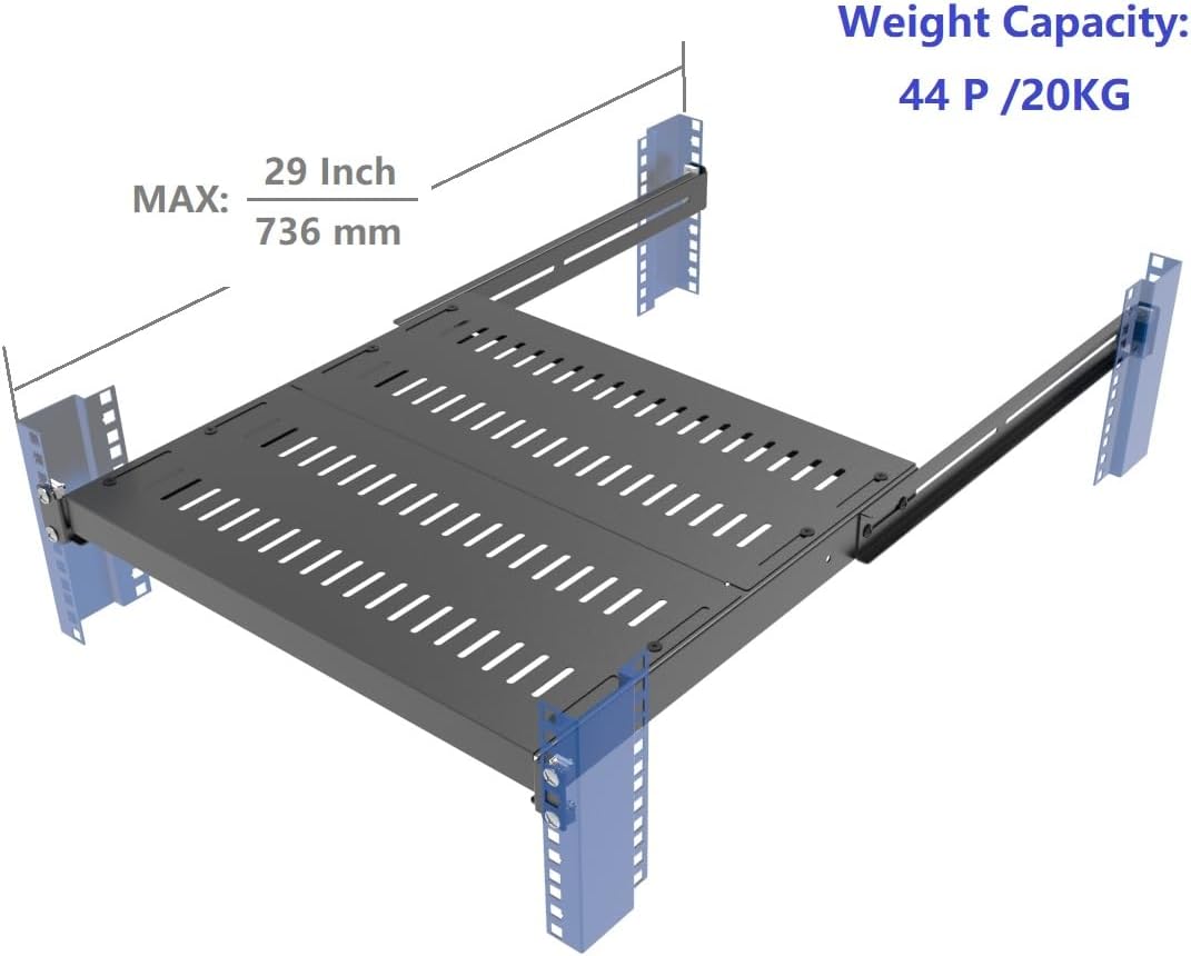1U Vented 4-Post Adjustable Server Shelf -Mounting 16.5-29" D - Image 3