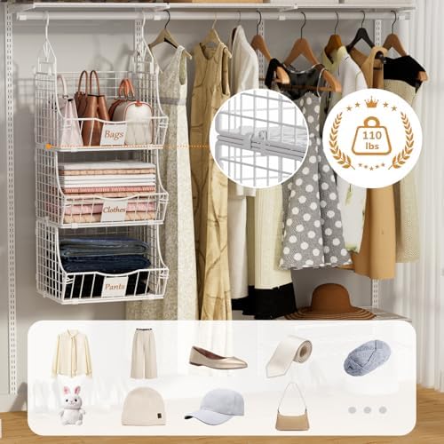 Hanging Closet Organizers and Storage, 5 Tier Closet Shelf Clothes Organizer with 2 S-Hooks, Multi-Functional Iron Wire Baskets, for Clothing, Sweaters, Handbags, Hat, Canned - Image 3