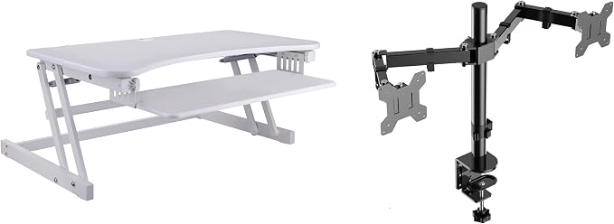 Rocelco 37.5" Height Adjustable Standing Desk Converter with Dual Monitor Mount and Slide Out Retractable Keyboard Tray - Sit Stand Up Double Screen Tabletop Riser Workstation - White (R DADRW-DM2) by Rocelco