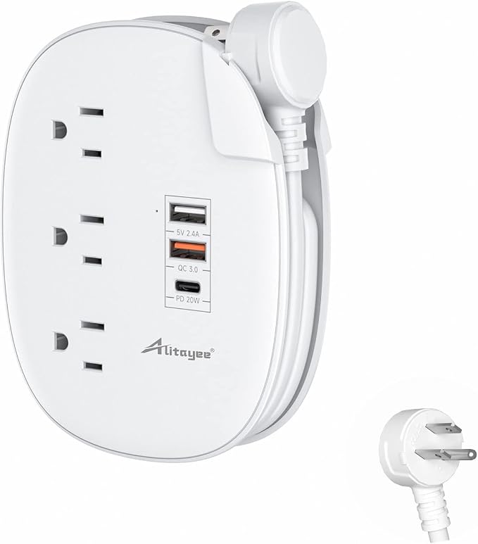 Alitayee PD20W USB C Travel Power Strip,3 Outlets 3 USB,3ft Wrapped Cord | PD20W USB C Fast Charging Station,QC 3.0 Charger,3 Outlets,Flat Plug,3ft Wrapped Around Extension Cord,for Cruise Travel Home by Alitayee