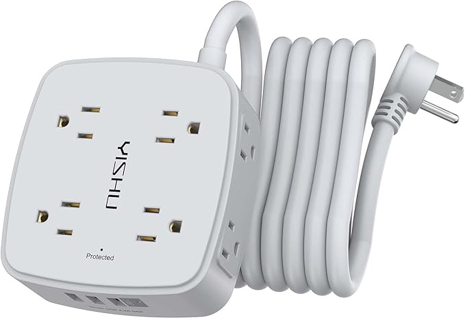 10 Ft Surge Protector Power Strip - 8 Widely Outlets with 4 USB Ports, 3 Side Outlet Extender with 10 Feet Extension Cord, Flat Plug, Wall Mount, Desk USB Charging Station, ETL, Grey by YISHU