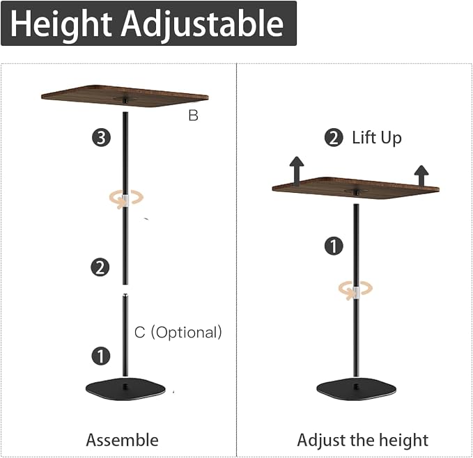 Small Laptop Standing Desk, Adjustable Height Pedestal End Table with Wooden Top, Portable Tall Side Table Workstation, Sit-Stand Desks for Bedside,Sofa,Couch, Living Room, Bedroom, Home Office, Brown - Image 8