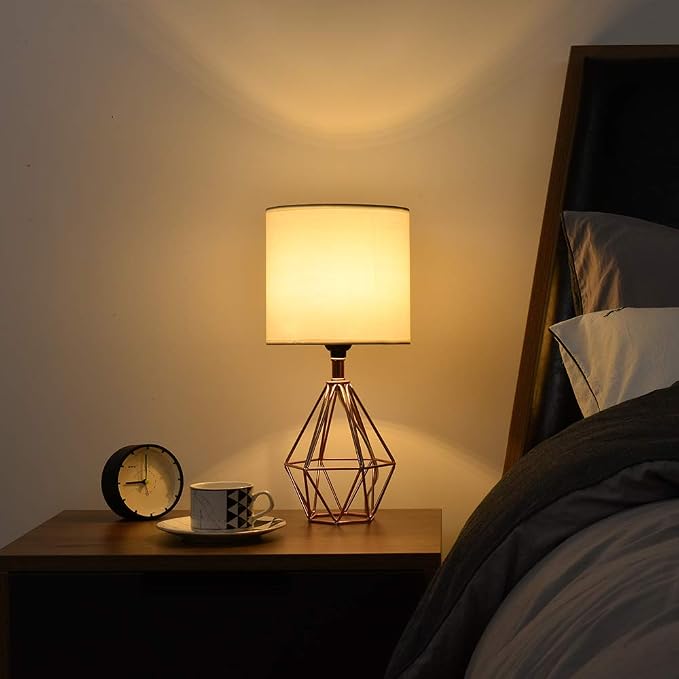 Rose Gold Bedside Table Lamp,Modern Small Desk Lamp with TC Fabric Shade Geometric Metal Base for Kids Living Room Bedroom Nightstand - Image 4