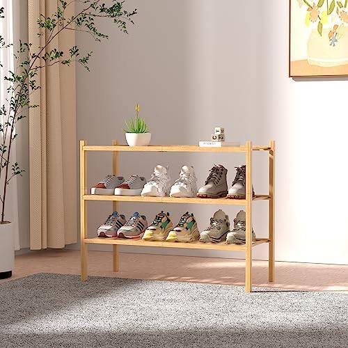ROMGUAR CRAFT 3 Tier Bamboo Shoe Rack for Closet Free Standing Wood Shoe Shelf Storage Organizer for Entryway Small Space Stackable 27"x11"x20" (Natural) - Image 2