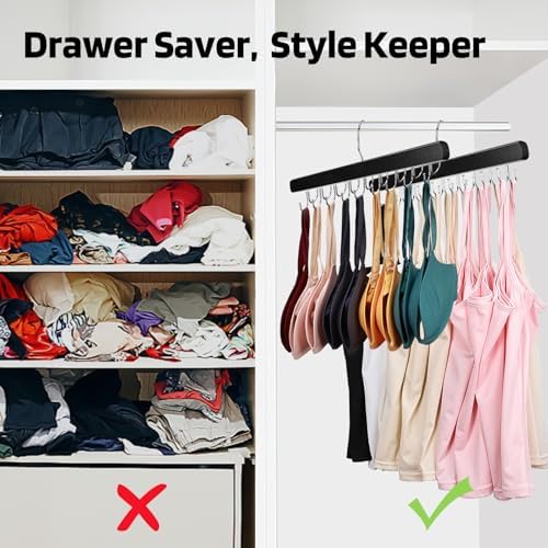 NECAMOCU 2 Pack Bra Hanger for Closet Organizer, Premium Tank Top Hangers | Black Wooden Bra Holder with 36 Foldable Hooks, 360° Rotating Design, Space Saving Storage for Tank Tops, Bras, Belts - Image 3