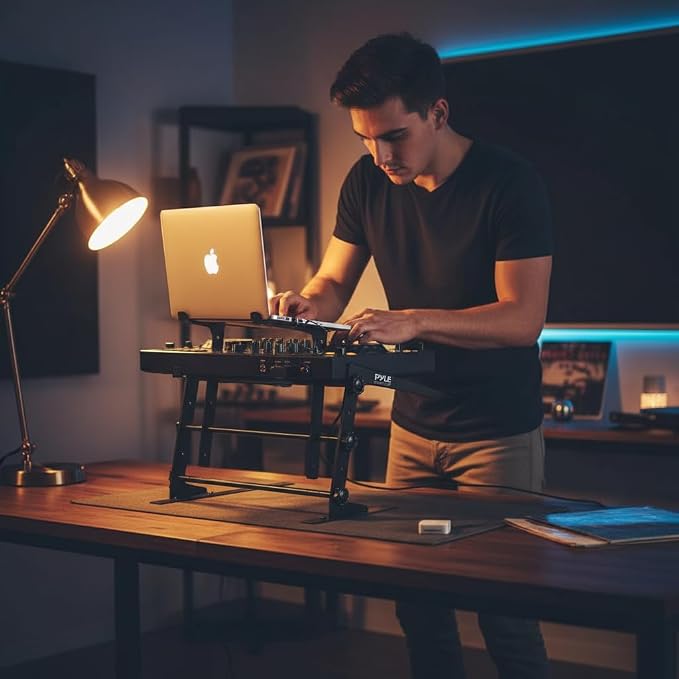 Pyle Portable Dual Laptop Stand - Standing Table with Adjustable Height, Ergonomic Design & Anti-Slip Prongs for DJ Mixer, Sound Equipment, Workstation, Gaming & Home Use - PLPTS38, Black - Image 2