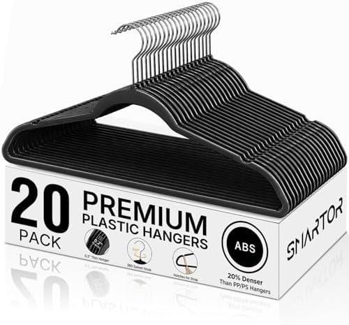 SMARTOR Plastic Hangers 20 Pack - Thin Hangers for Space Saving - Black | Heavy Duty for 11 LBS, 360 Swivel Hooks, Non Slip Notches for Camisole, 0.2" Thin for Small Closet, Durable and Flexible by Smartor