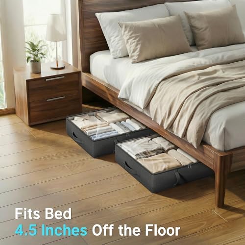 2-Pack Under Bed Storage Containers, 8 Inches Tall Clothes Storage, Black | Large Capacity Collapsible Underbed Organizer with Sturdy Sidewalls/Bottom, Cotton Linen Bins, For Seasonal Clothes & Bedding - Image 2