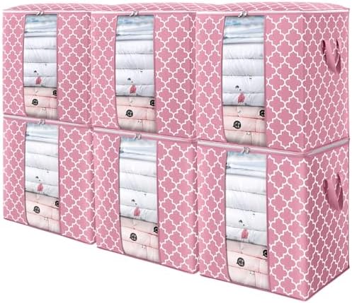 Storage Bags 6 Pack 100L Clothes Organization and Storage Containers | Large Blanket for Comforters,Bedding, Foldable Organizer with Reinforced Handle, Clear Window, Sturdy Zippers, Pink by WiseLife