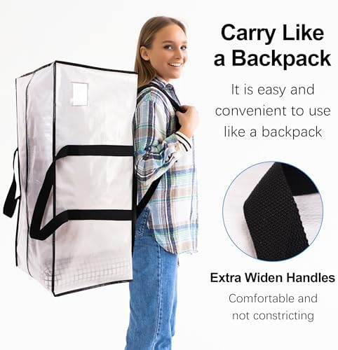 VELVETSURE 12 Pack Heavy Duty Large Moving Bags W/Backpack Straps - Strong Handles & Zippers, Storage Totes, Fold Flat, Alternative to Moving Box and Storage Bin, Semi-Transparent+Blue+Black - Image 4