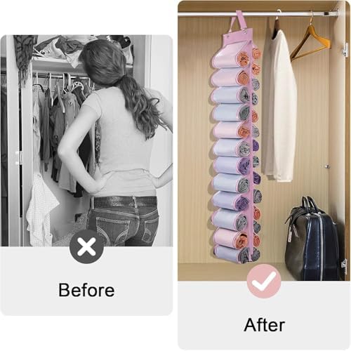 DHSFKBE Legging Organizer Storage, 2PCS T Shirt Organizer, Foldable Hanging Closet Organizer Storage with 26 Roll Independent Compartments for Yoga Pants, Tank Top, Towel, Underwear (Pink) - Image 6