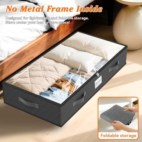 90L Under Bed Storage Containers, Storage Bags, Organizers, 4-Pack, Gray | Foldable, Soft Fabric, Closet Organizers, Reinforced Handle, Label Holder, Clear Window, for Comforters, Clothing, Blankets - Image 5