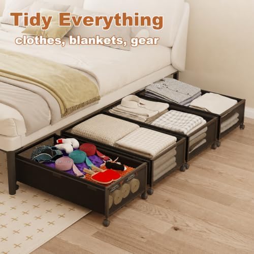 Fokyfok 2Pack Under Bed Storage Containers, 10 inch Height,31 inch Long | Under Bed Shoe Storage,Underbed Storage with Wheels,Large Rolling under bed Clothes Storage Drawers,Lid,Dorm Tall,Black - Image 6