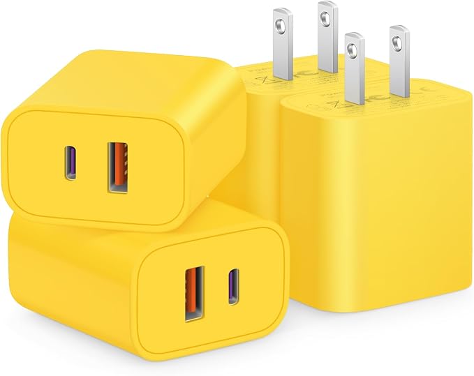 [4 Pack] USB C Charger Block Fast Charging Multiport Adpater [PD 20W USB-C & QC 3.0 USB-A Port] for iPhone 17/16/15/14/13/12/11/X/8, iPad, Galaxy, Google & More [Yellow] by CXX