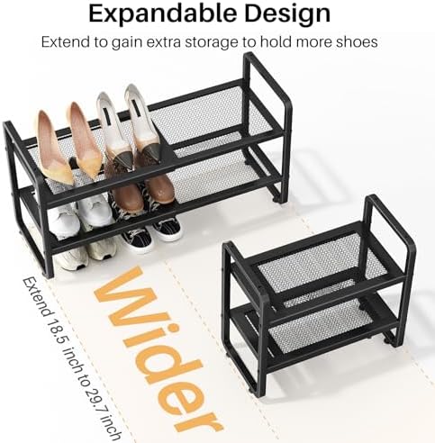 Expandable Metal Shoe Rack for Closet, Entryway & Garage, 2-Tier, Black | Adjustable Height for Boots, Stackable Design, Dense Mesh Shelves for Heels, Fits Small Spaces, Apartments and Rentals - Image 4