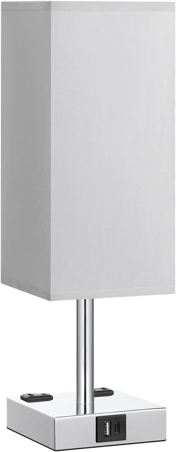 Touch Bedside Table Lamp for Bedroom - Dimmable, USB C+A, 2 AC Outlets | 3-Way Dimming, 3000K Bulb Included, Square Grey Lampshade and Silver Base, Desk Lamp for Nightstand, Living Room, Dorm - Image 7