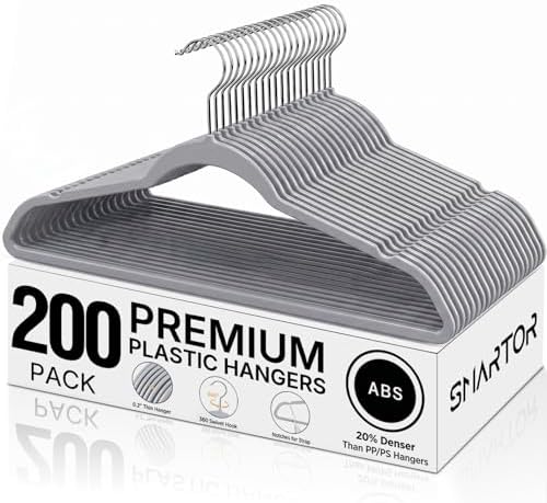 SMARTOR Plastic Hangers 200 Pack - Thin Hangers for Space Saving - Gray | Heavy Duty for 11 LBS, 360 Swivel Hooks, Non Slip Notches for Camisole, 0.2" Thin for Small Closet, Durable and Flexible by Smartor