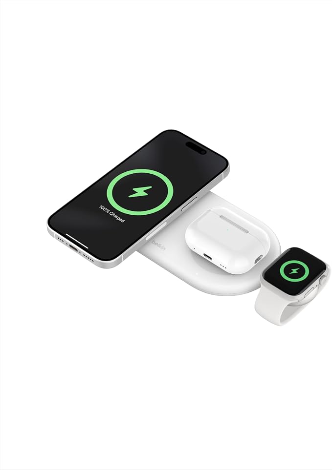 Belkin Qi2 15W Magnetic Wireless Charging Pad, 3 in 1 Fast Charger | MagSafe compatible, iPhone 17/16/15, AirPods, Apple Watch compatible, multi-device charging station, Magnetic by Unknown