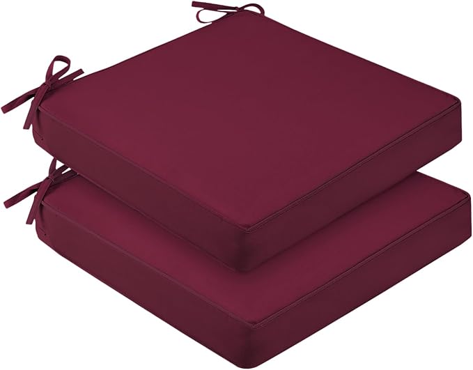 downluxe Waterproof Outdoor Chair Cushions Set of 2, 19" x 19" x 3" Patio Chair Cushion with Non-Slip Ties & Handle, Square Outdoor Cushion for Patio Furniture with Removable Cover, Burgundy by Downluxe