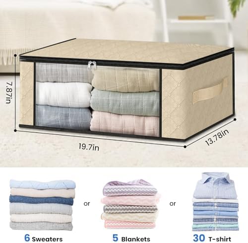 HomeHacks 10-Pack Clothes Organizer Storage Bags, 35L Storage Bins, Beige | Foldable Storage Box Container with Zippers, Clear Window, Reinforced Handles for Closet, Dorm, Pillows, Bedding, Sweater - Image 2