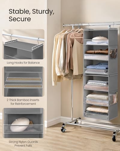 SONGMICS Widened Hanging Closet Organizer, 6-Tier, Separable，2 Pack | Foldable,Fabric Storage Shelf with 4 Side Pockets, Metal Hooks and Bamboo Inserts, Dove Gray, TINA Collection URCH008G01 - Image 5